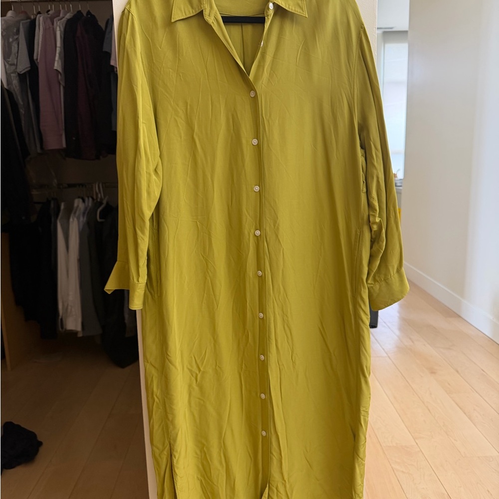 Uniqlo U Long Sleeve Button-Front Shirt Dress in Chartreuse